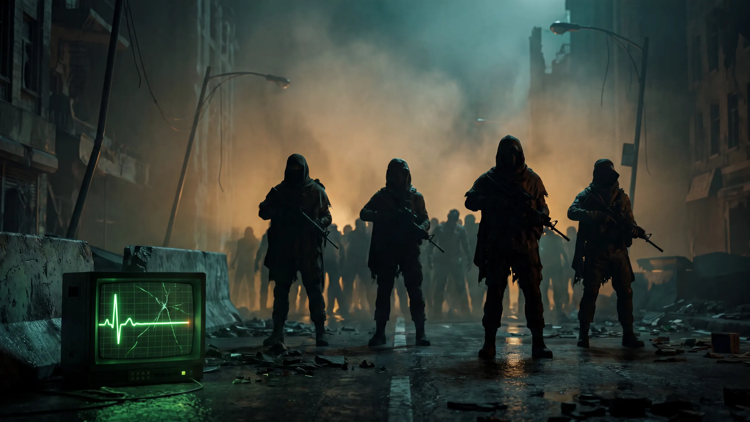 TOTER SIGNAL Key-Art — Survivor-Trupp vor der Horde unter der toten Flatline